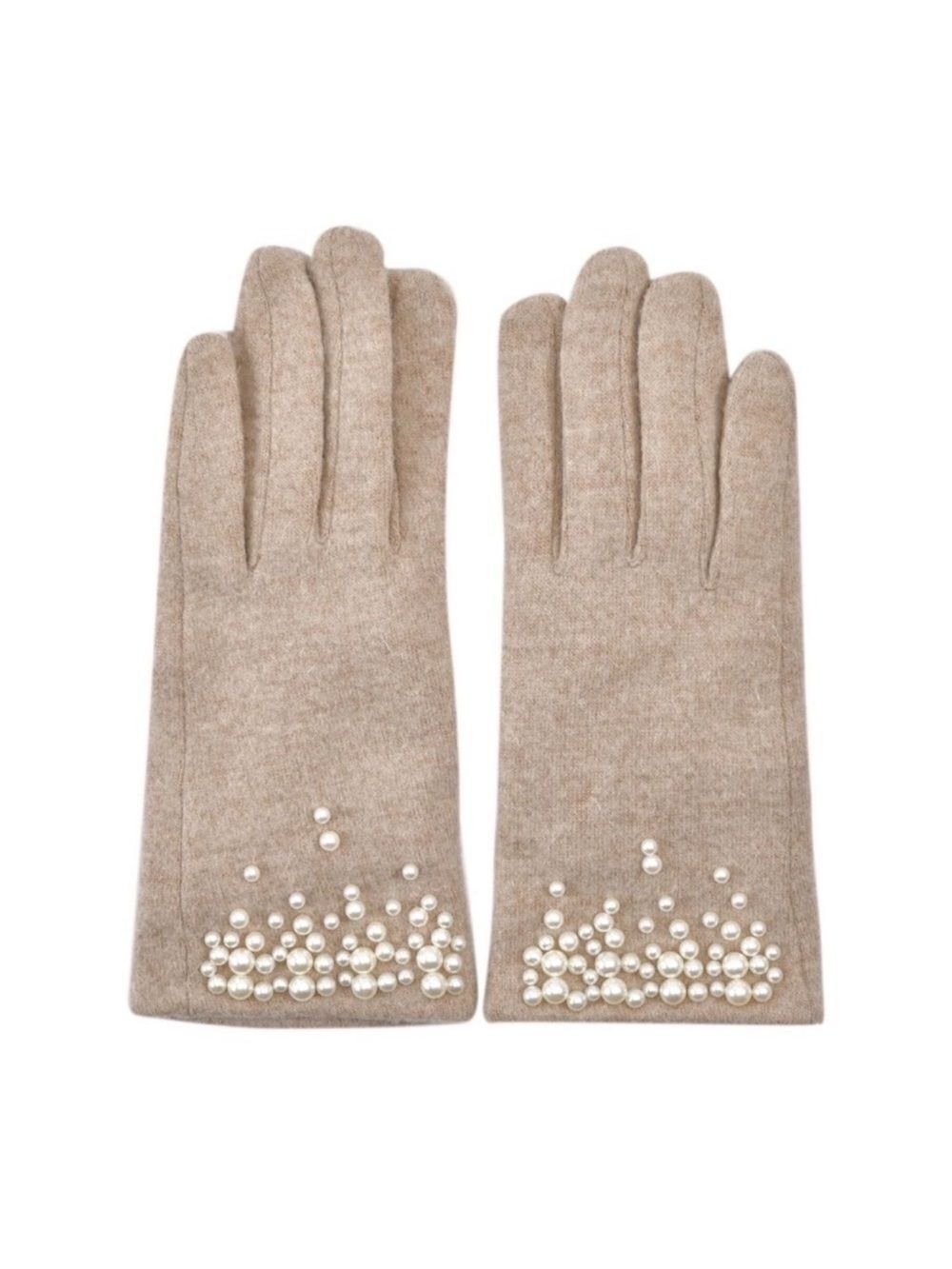 Tan Cashmere Blend Fine Knit Faux Pearl Beaded Fleece Lined E Tip Gloves